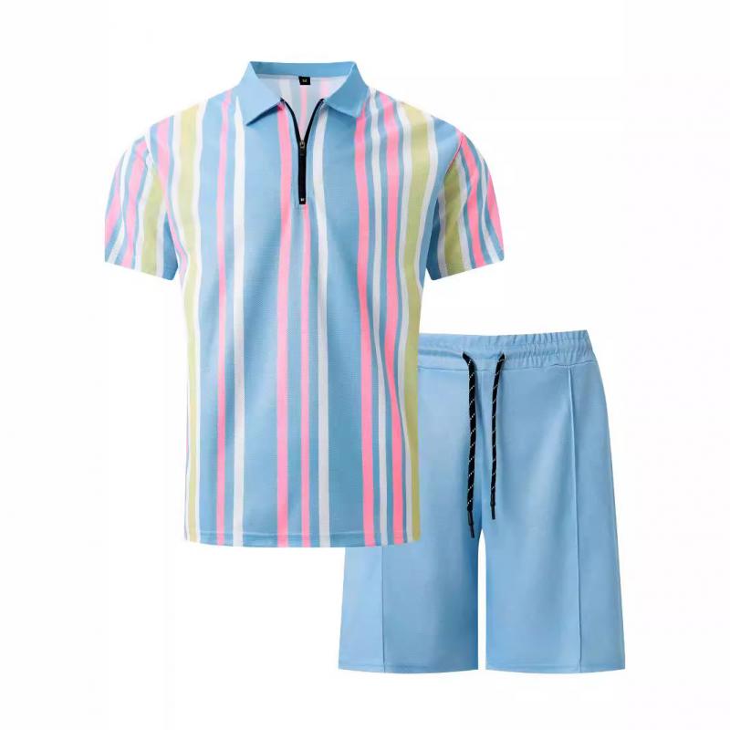 Men's Striped Print Short Sleeve Polo Shirt and Shorts Set 68148622Y