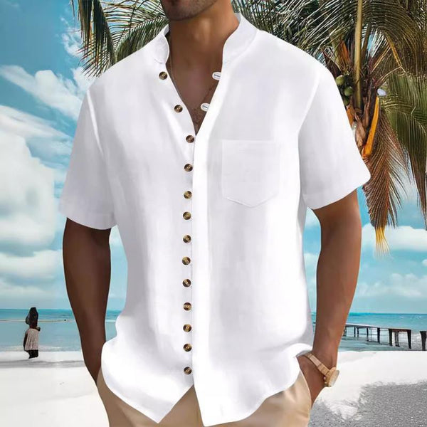 Men's Casual Stand Collar Button Chest Pocket Short Sleeve Shirt 49706279Y