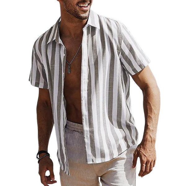Men's Cotton and Linen Striped Short-sleeved Lapel Shirt 89949899X