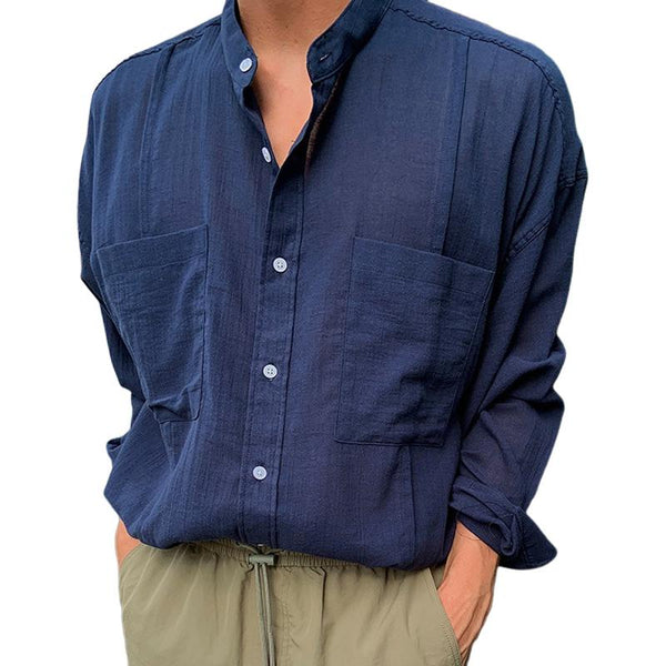 Men's Solid Loose Cotton And Linen Stand Collar Breast Pockets Long Sleeve Shirt 27441290Z
