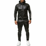 Men's Color Block Leather Hooded Zipper Jacket Trousers Casual Set 53659156Z