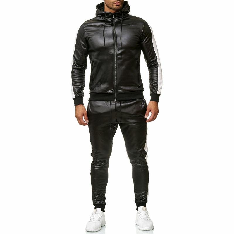 Men's Color Block Leather Hooded Zipper Jacket Trousers Casual Set 53659156Z