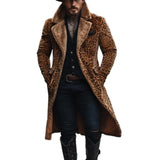 Men's Vintage Suede Leopard Print Patchwork Fur Collar Long Coat 92069190Y