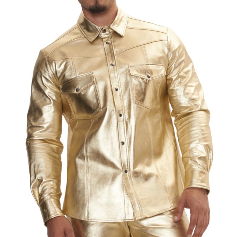 Men's Trendy Lapel Shiny Leather Long-sleeved Shirt 49993368F