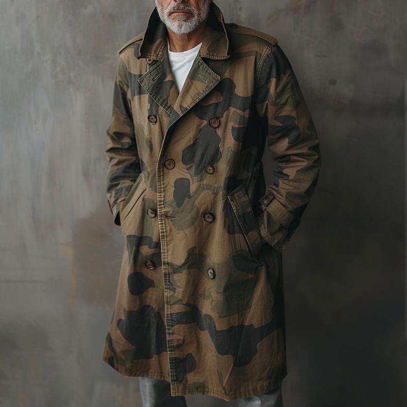 【24-Stunden-Versand】Herren Camouflage Revers Zweireihiger mittellanger Cargo-Trenchcoat 89189358Z