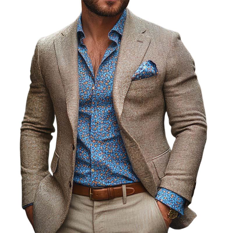 Men's Classic Casual Slim Fit Single-Breasted Herringbone Wool Blazer 23131777K