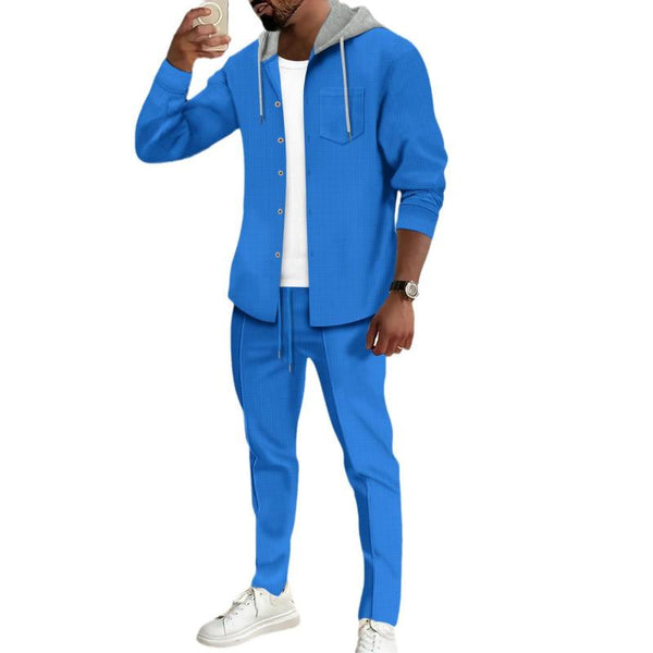 Men's Casual Waffle Colorblock Hooded Long-sleeved Cardigan Sports Pants Set 54012728M