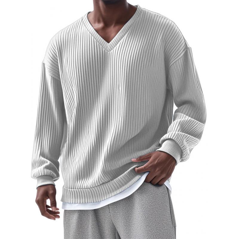 Men's Casual V-neck Striped Loose Long Sleeve T-shirt 54180863M