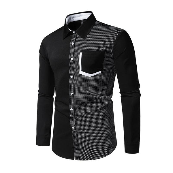 Men's Casual Contrast Patchwork Lapel Slim Long Sleeve Shirt 45721172M