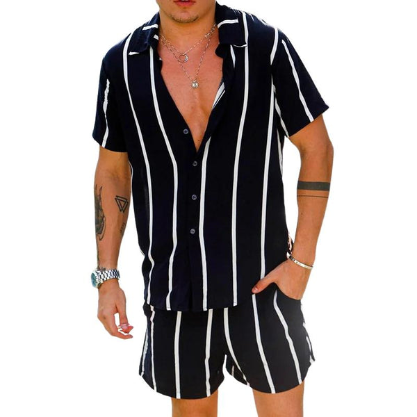 Men's Striped Print Short Sleeve Shirt Shorts Set 87841550Y