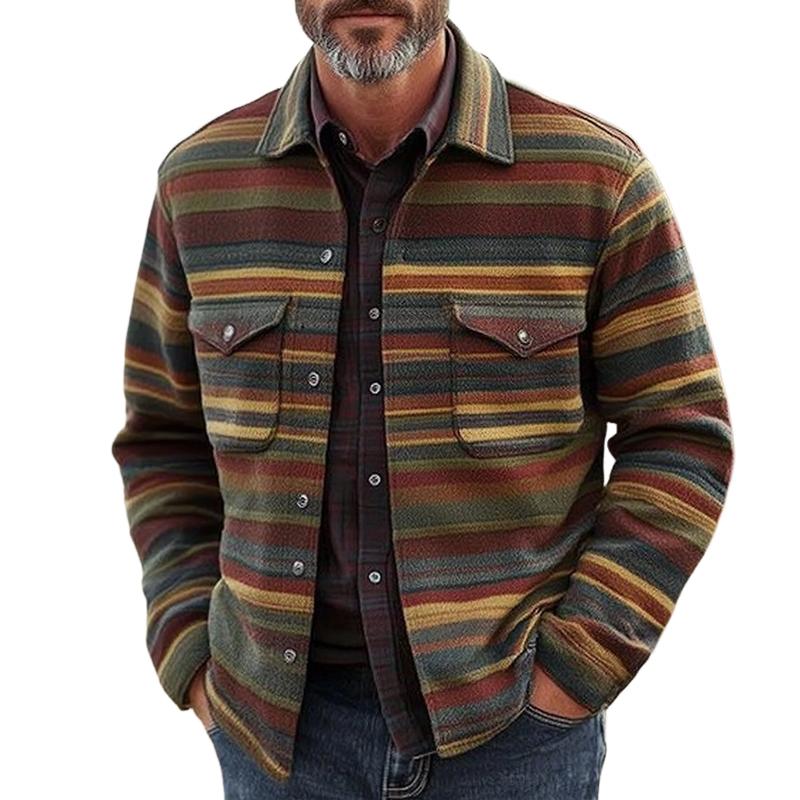 Men's Coloring Striped Lapel Long Sleeve Shirt Jacket 78870314Z