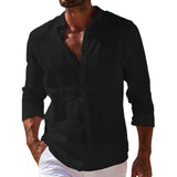Men's Casual Solid Color Lapel Cotton Linen Long-Sleeved Shirt 64708769M