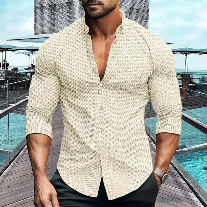 Chemise décontractée à manches longues et revers de couleur unie pour hommes 69333697Z