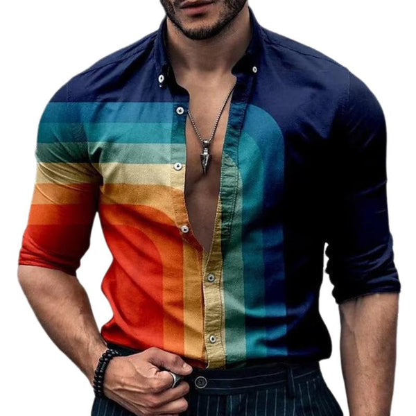 Men's Retro Casual Rainbow Stripe Print Shirt 22970819TO