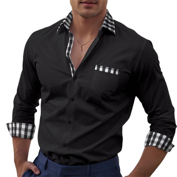 Men's Casual Check Print Lapel Stitching Long Sleeve Shirt 08823326Y