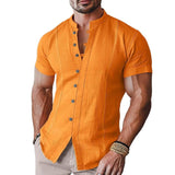 Men's Casual Cotton Linen Spliced Stand Collar Slim Short-Sleeved Shirt 49797408M