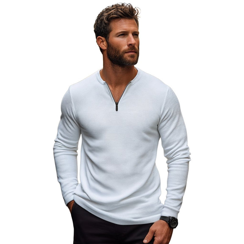 Men's Casual Waffle Zipper Collar Slim Fit Long Sleeve T-Shirt 21465785M