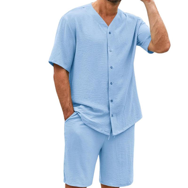 Men's Lightweight Solid Color V-Neck Short-Sleeved Shirt And Shorts Set 12815425Y