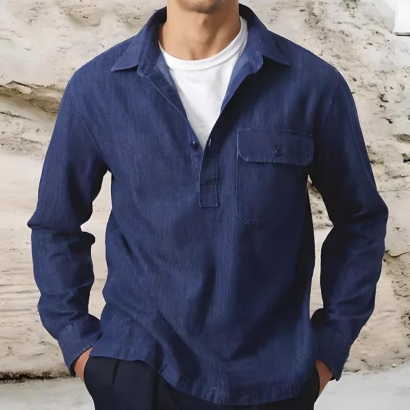 Men's Loose Lapel Solid Color Denim Long Sleeve Shirt 21428812Y