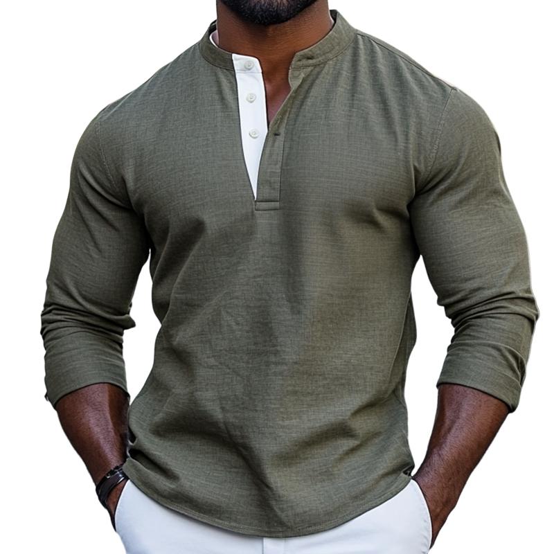 Men's Retro Casual Colorblock Stand Collar Long Sleeve Shirt 45794295TO