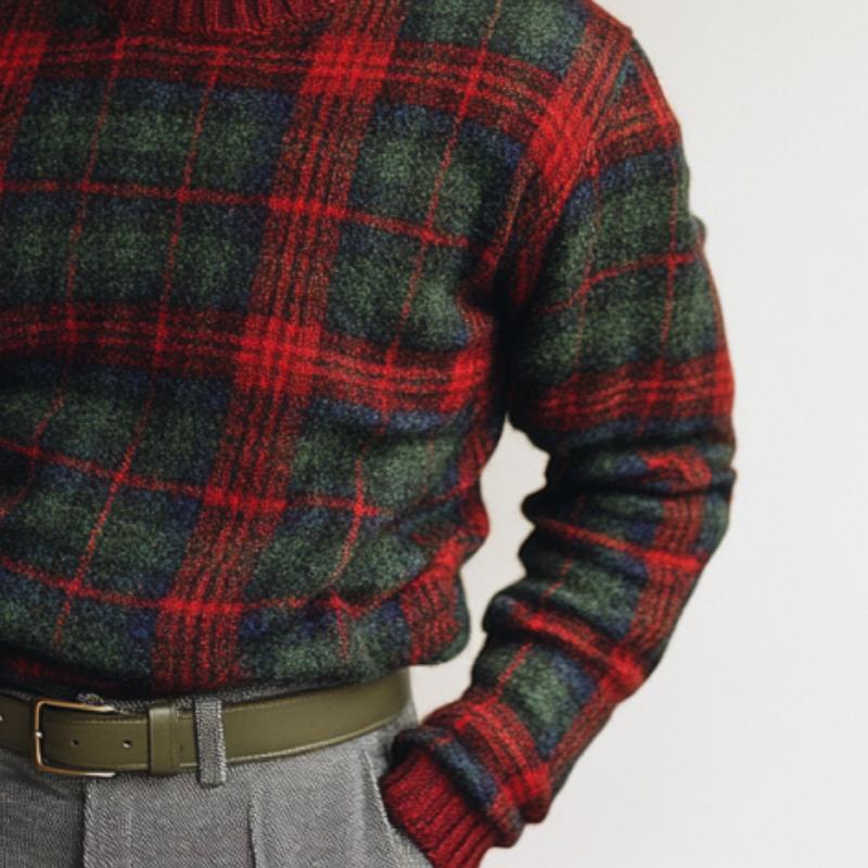 Men's Vintage Christmas Plaid Knit Crew Neck Sweater 61023453Y