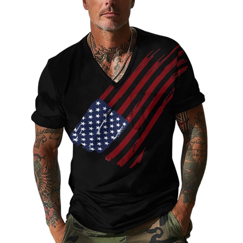 Men's V-Neck Flag Print Short-Sleeved T-Shirt 24236533Y