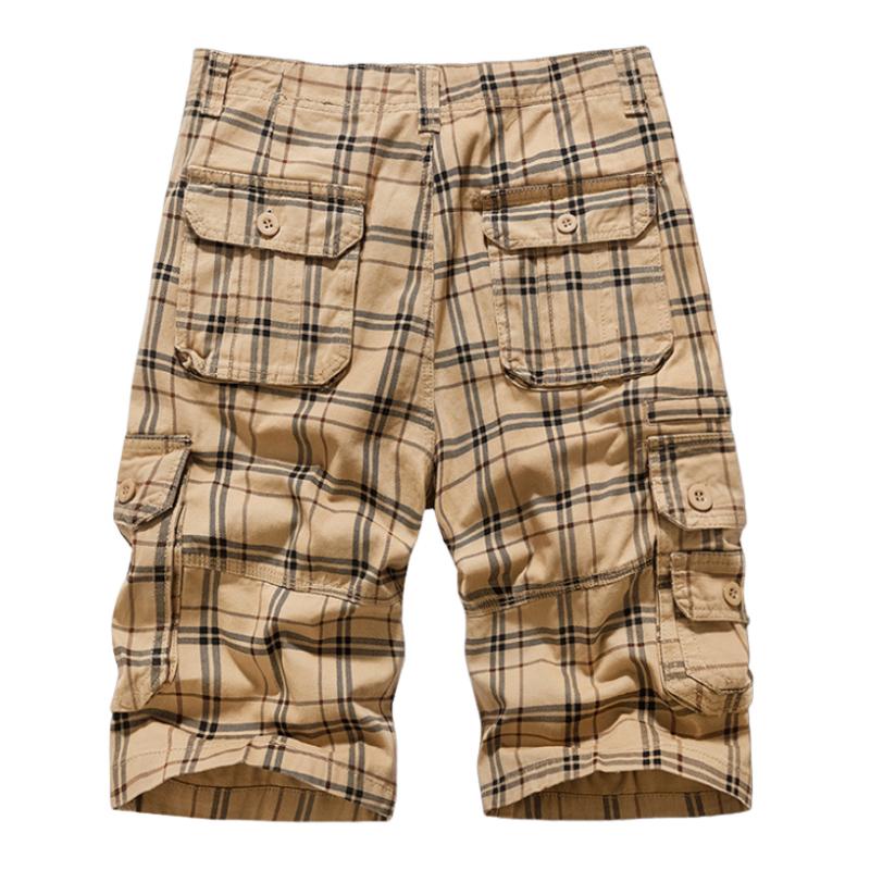 Men's Casual Plaid Cotton Washed Multi-Pocket Straight Cargo Shorts 95585669M