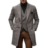 Men's Vintage Plaid Peaked Lapel Single-Breasted Slim Fit Mid-Length Trench Coat 48107804M