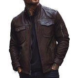 Men's Classic Stand Collar Slim Fit Multi-Pocket Leather Jacket 41446392F