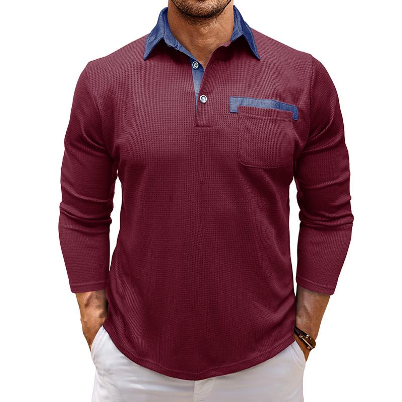 Men's Casual Colorblock Waffle Patch Pocket Slim Fit Long Sleeve Polo Shirt 93489989M