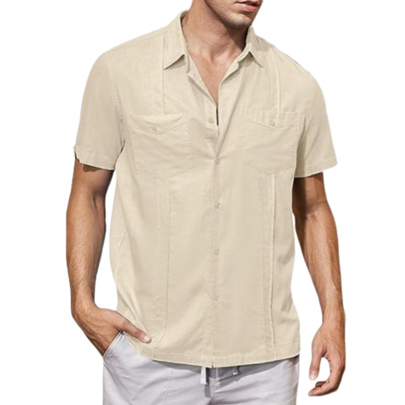 Men's Solid Color Double Pocket Cotton and Linen Short Sleeve Shirt 53225922Y