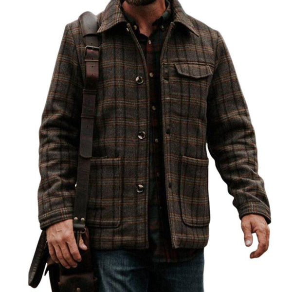 Men's Classic Retro Casual Plaid Multi-Pocket Wool Shirt Jacket 02860587K