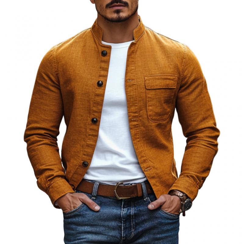 Men's Casual Cotton Linen Stand Collar Slim Fit Long Sleeve Shirt 15782295M