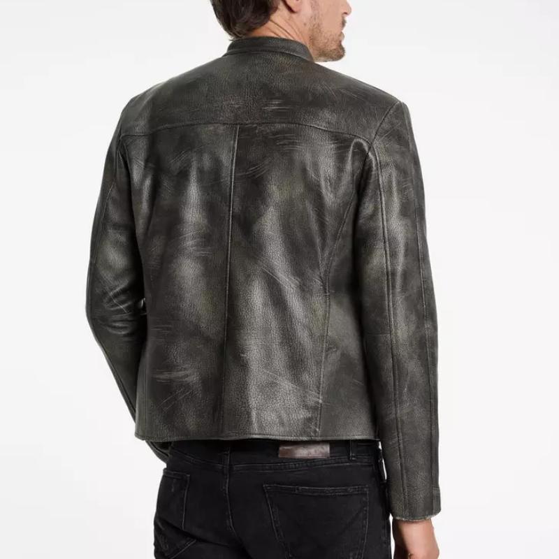 Men's Classic Fashion Distressed Zip-Up Leather Jacket 05026995K