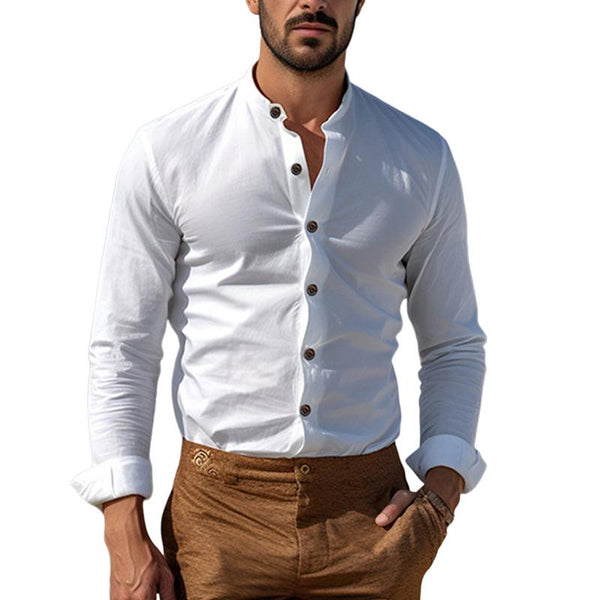 Men's Vintage Cotton and Linen Henley Collar Shirt 70882396X