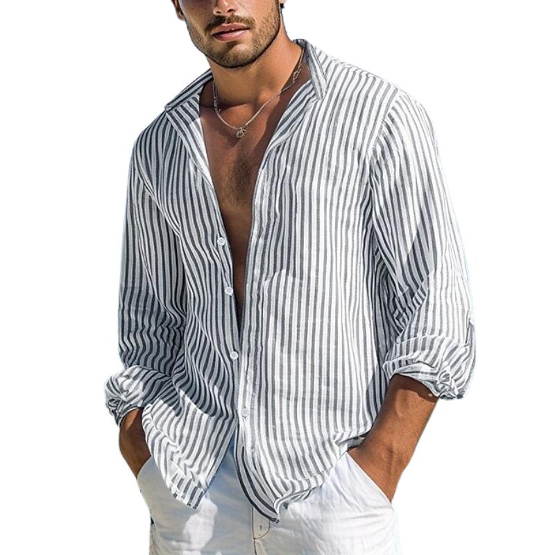 Men's Loose Striped Stand Collar Long Sleeve Shirt 13666890Y