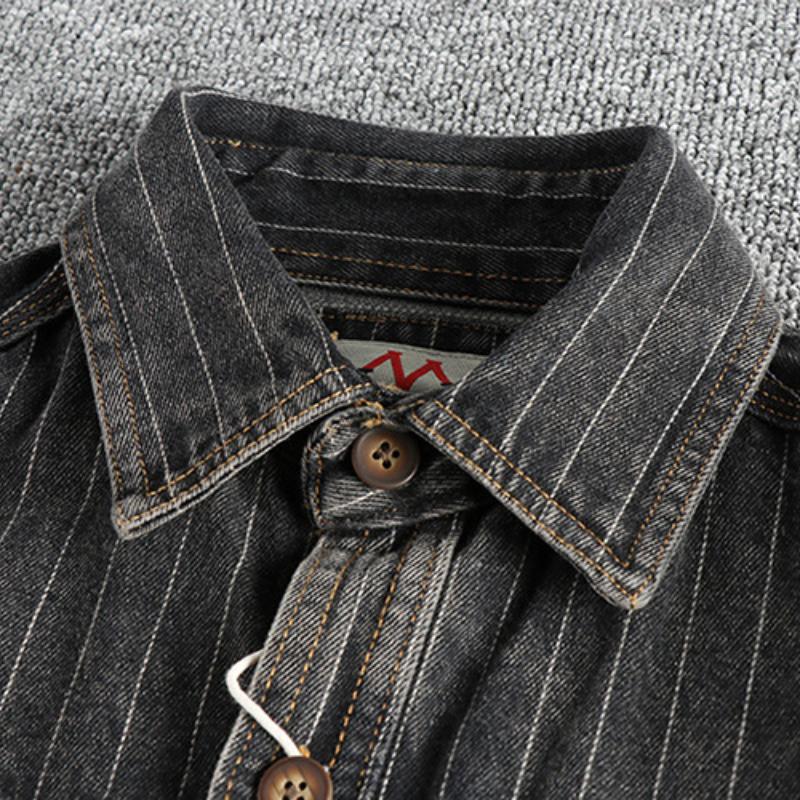 Men's Vintage Washed Striped Flap Pocket Slim Fit Long Sleeve Denim Shirt 32256880M