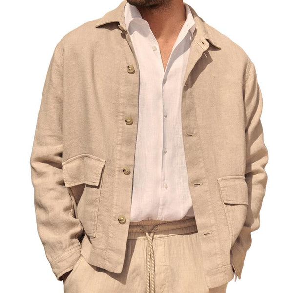 Men's Casual Cotton Linen Blend Lapel Loose Flap Pocket Jacket 00736479M