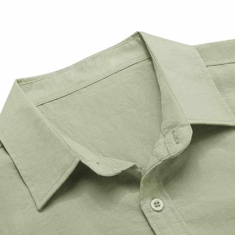 Men's Solid Color Cotton And Linen Lapel Long Sleeve Shirt 93367719Z