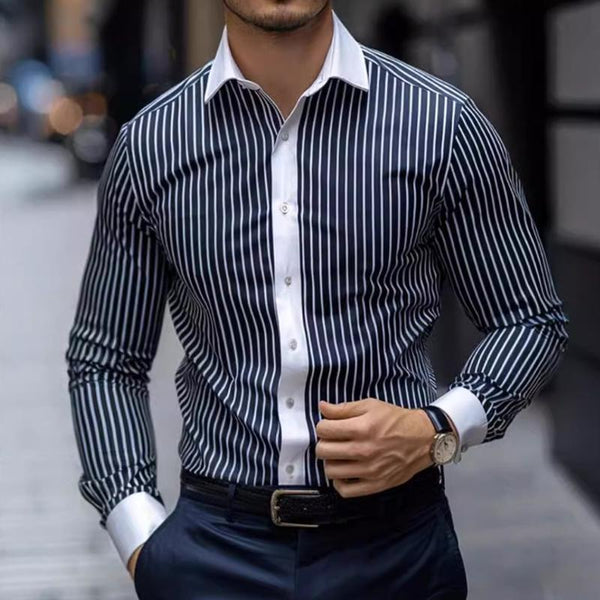 Men's Casual Retro Striped Lapel Long Sleeve Shirt 11673660TO