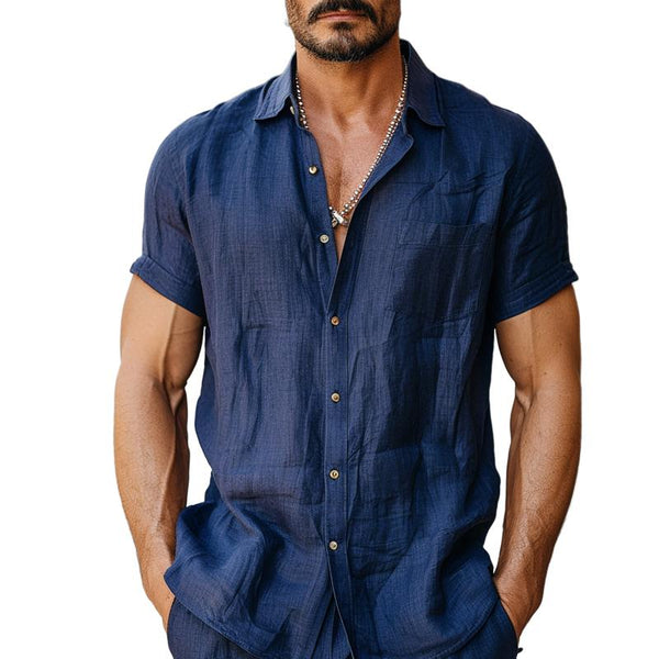 Men's Casual Cotton Linen Lapel Slim Fit Short Sleeve Shirt 36738551M
