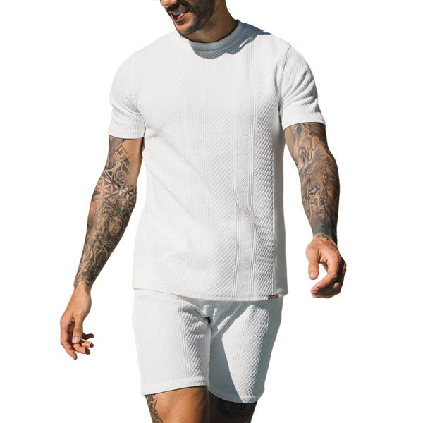 Men's Solid Color Texture Round Neck Short Sleeve T-shirt Shorts Casual Set 04802077Z