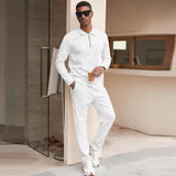 Men's Casual Jacquard Zipper Lapel Long Sleeve Polo Shirt Sports Pants Set 22827630M