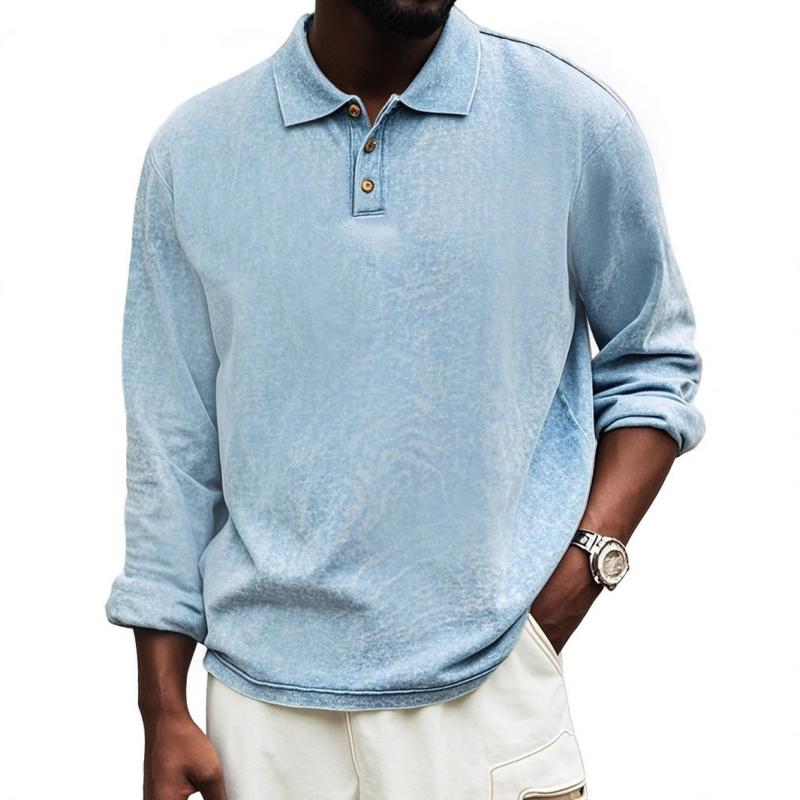 Men's Solid Color Loose Lapel Long Sleeve Polo Shirt 86065007Z