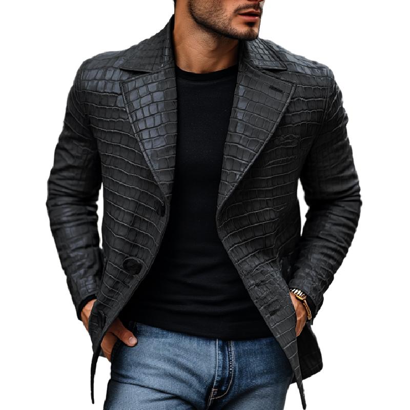 Blazer slim fit con revers a lancia in pelle con motivo pietra vintage da uomo 35286507M