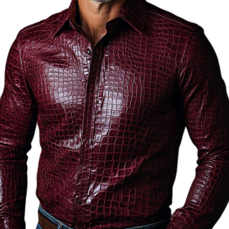 Men's Fashion Slim Burgundy Lapel Textured Leather Shirt 14133965F