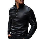 Men's Classic Casual Knitted Stand Collar Zipper Leather Long Sleeve Polo Shirt 03559024K