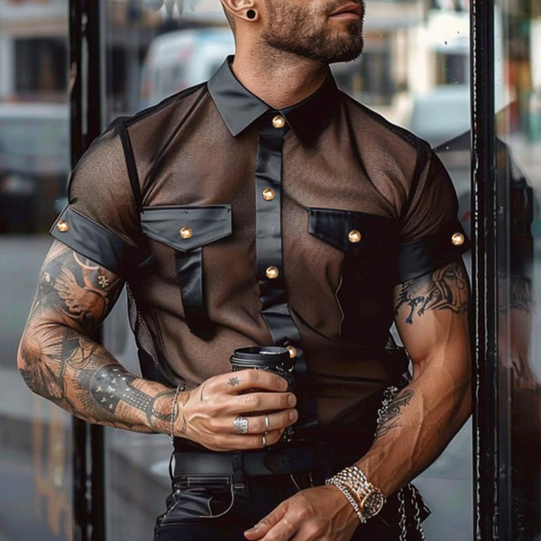 Men's Sexy See-Through Mesh PU Splicing Lapel Slim Short Sleeve Shirt 04622519M