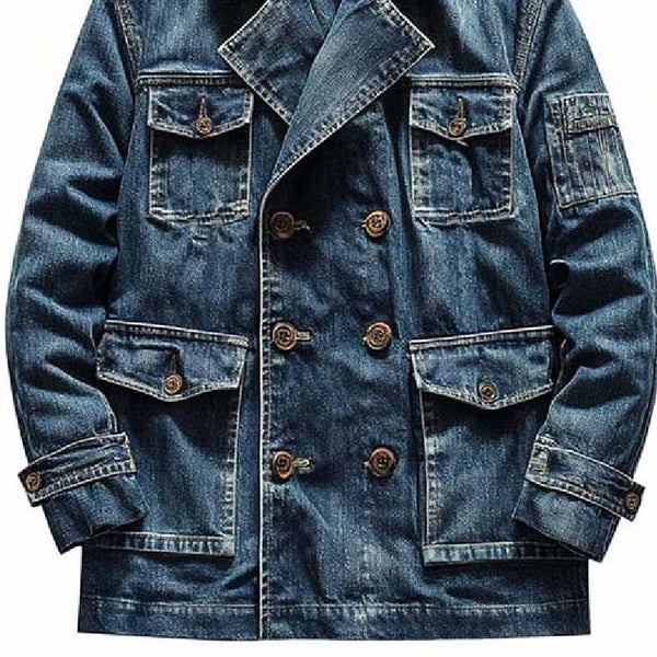 Men's Classic Casual Double Breasted Multi-Pocket Denim Jacket 86085077K