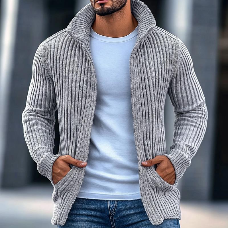 Men's Fashion Stand Collar Solid Striped Long Sleeve Knit Cardigan 40403507Z